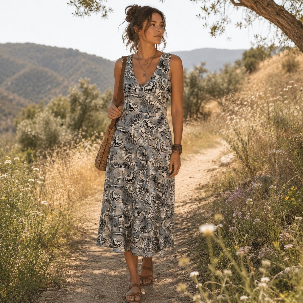 Aventura Organic Cotton‎ Blend Midi Dress Sz XXL Tie Back Artsy Abstract Boho